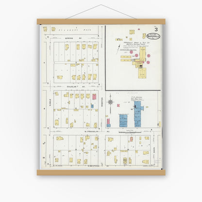 Old map wall art mockup — magnetic wood frame on white wall — Sanborn Fire Insurance Map from Naperville, Du Page County, Illinois (1921), Sheet #0003
