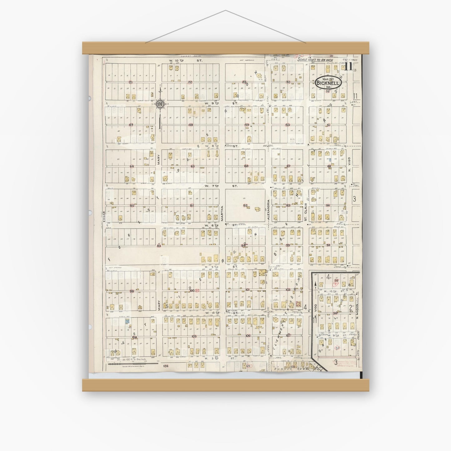 Old map wall art mockup — magnetic wood frame on white wall — Sanborn Fire Insurance Map from Bicknell, Knox County, Indiana (1946), Sheet #0011