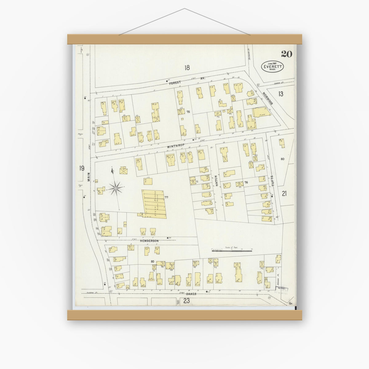 Old map wall art mockup — magnetic wood frame on white wall — Sanborn Fire Insurance Map from Everett, Middlesex County, Massachusetts (1897), Sheet #0020
