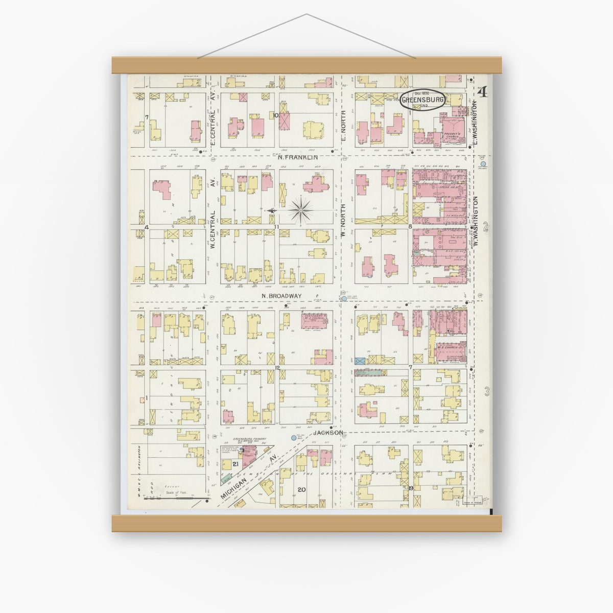 Old map wall art mockup — magnetic wood frame on white wall — Sanborn Fire Insurance Map from Greensburg, Decatur County, Indiana (1897), Sheet #0004