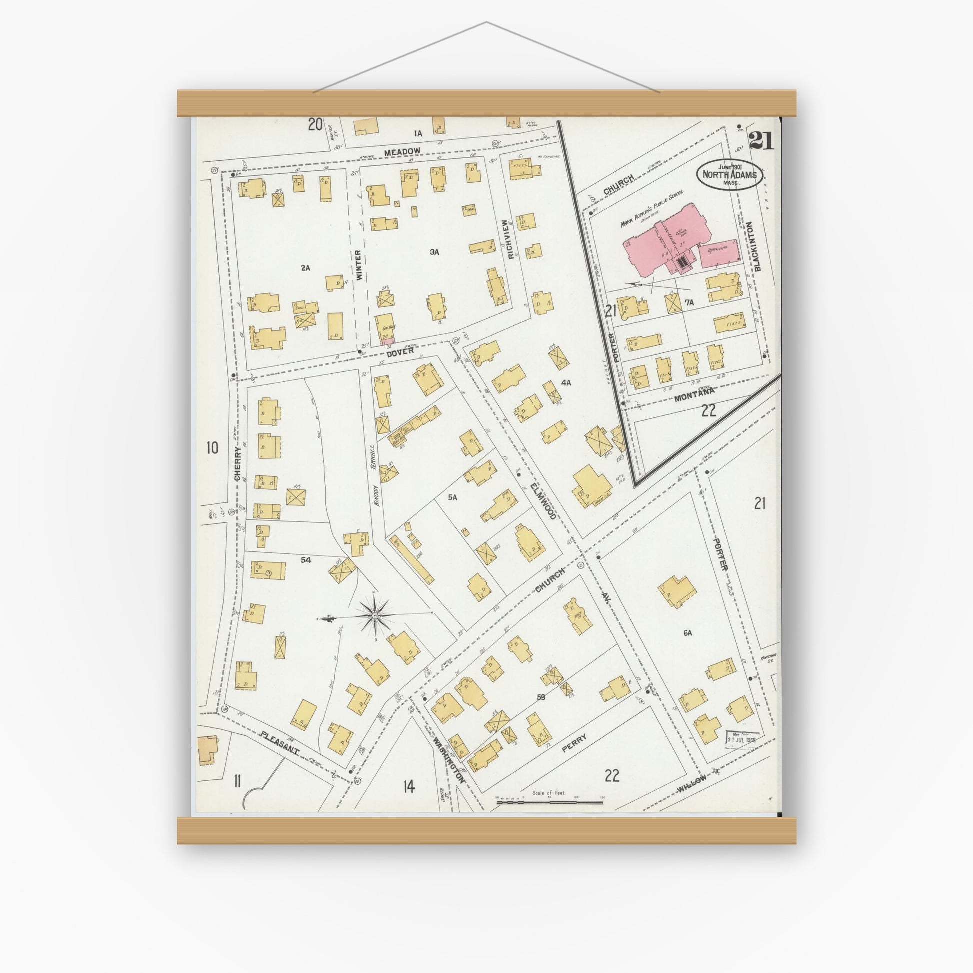 Old map wall art mockup — magnetic wood frame on white wall — Sanborn Fire Insurance Map from North Adams, Berkshire County, Massachusetts (1901), Sheet #0021