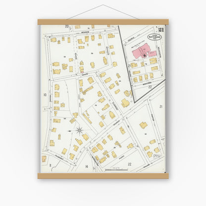Old map wall art mockup — magnetic wood frame on white wall — Sanborn Fire Insurance Map from North Adams, Berkshire County, Massachusetts (1901), Sheet #0021