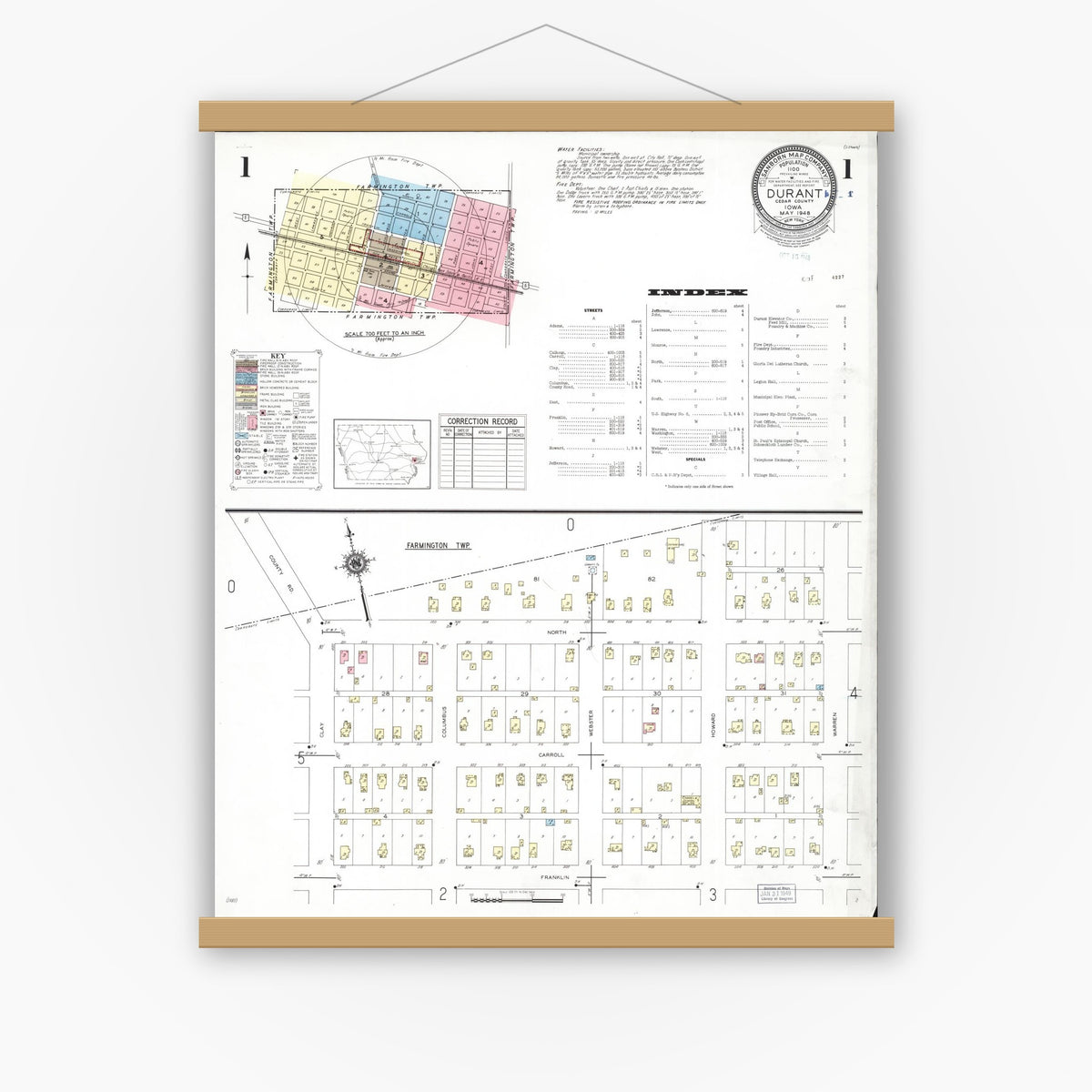 Old map wall art mockup — magnetic wood frame on white wall — Sanborn Fire Insurance Map from Durant, Cedar County, Iowa (1948) â€” Complete Set