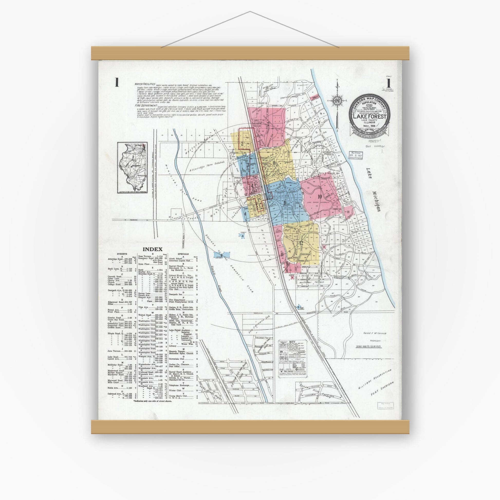 Old map wall art mockup — magnetic wood frame on white wall — Sanborn Fire Insurance Map from Lake Forest, Lake County, Illinois (1926), Sheet #0001