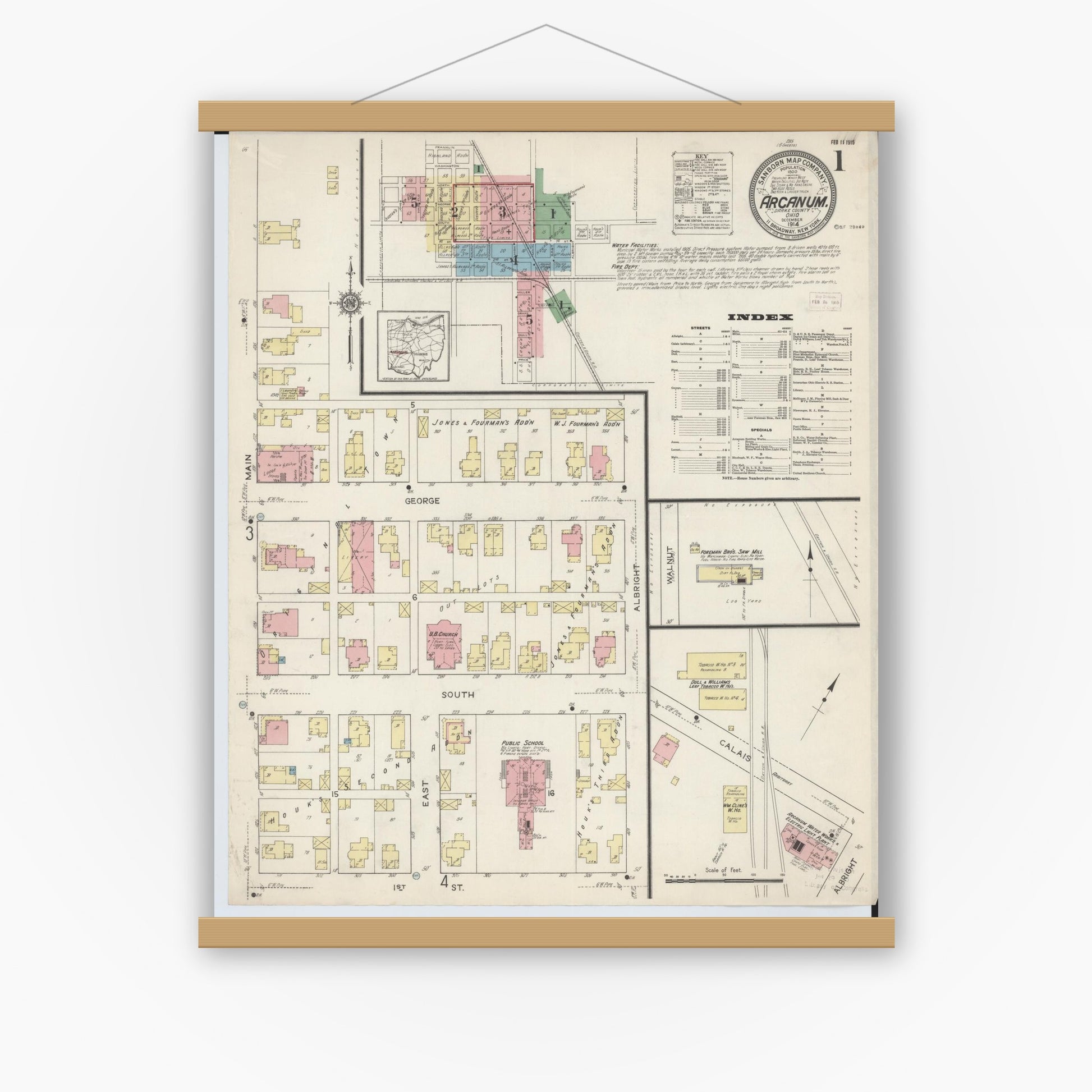 Old map wall art mockup — magnetic wood frame on white wall — Sanborn Fire Insurance Map from Arcanum, Darke County, Ohio (1914), Sheet #0001