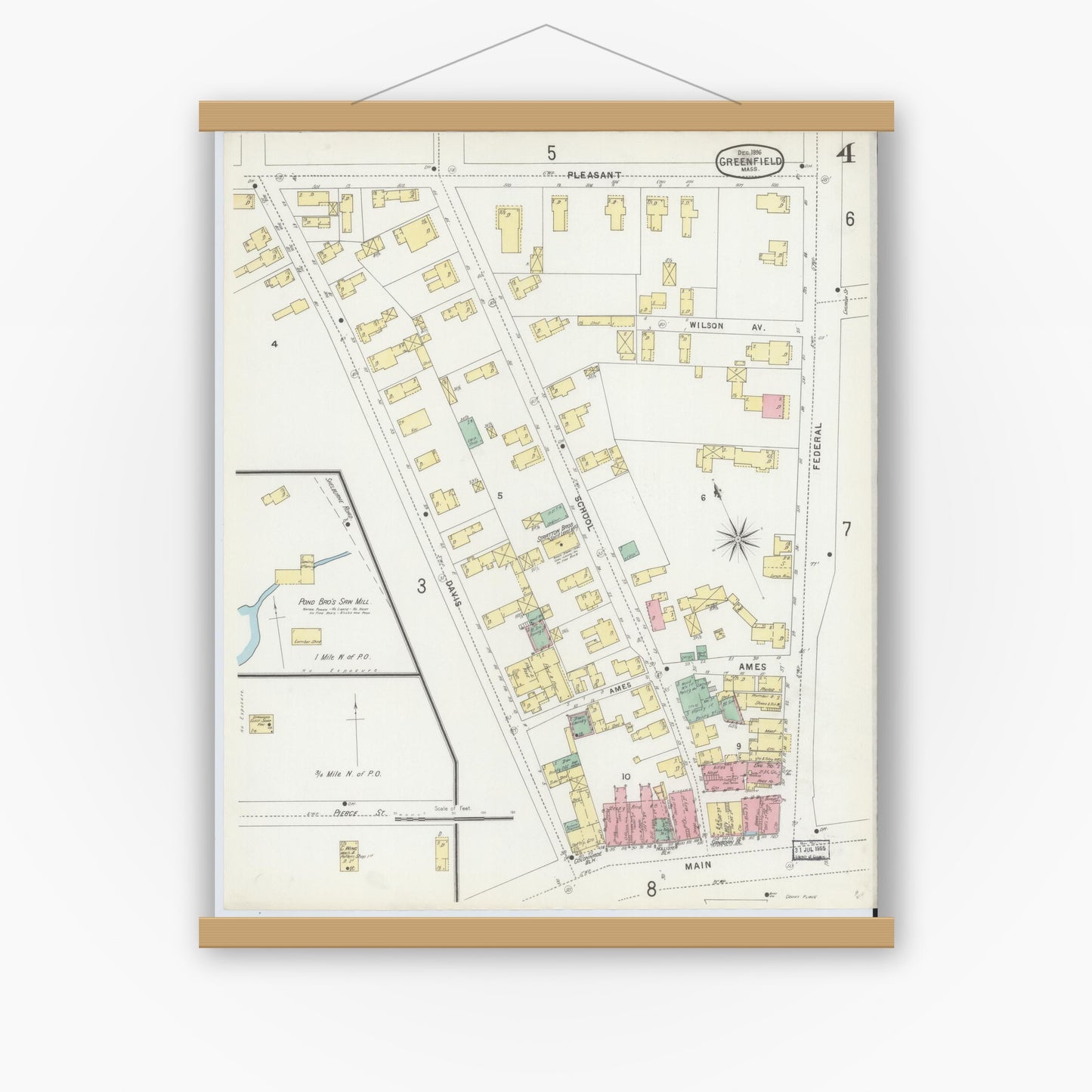 Old map wall art mockup — magnetic wood frame on white wall — Sanborn Fire Insurance Map from Greenfield, Franklin County, Massachusetts (1896), Sheet #0004