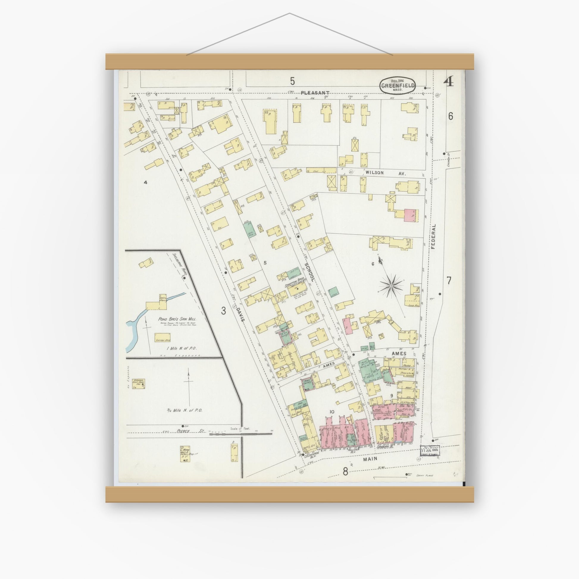 Old map wall art mockup — magnetic wood frame on white wall — Sanborn Fire Insurance Map from Greenfield, Franklin County, Massachusetts (1896), Sheet #0004