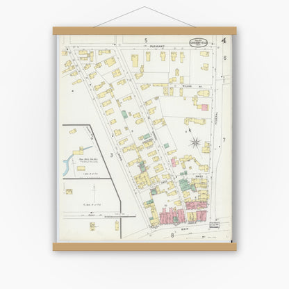 Old map wall art mockup — magnetic wood frame on white wall — Sanborn Fire Insurance Map from Greenfield, Franklin County, Massachusetts (1896), Sheet #0004