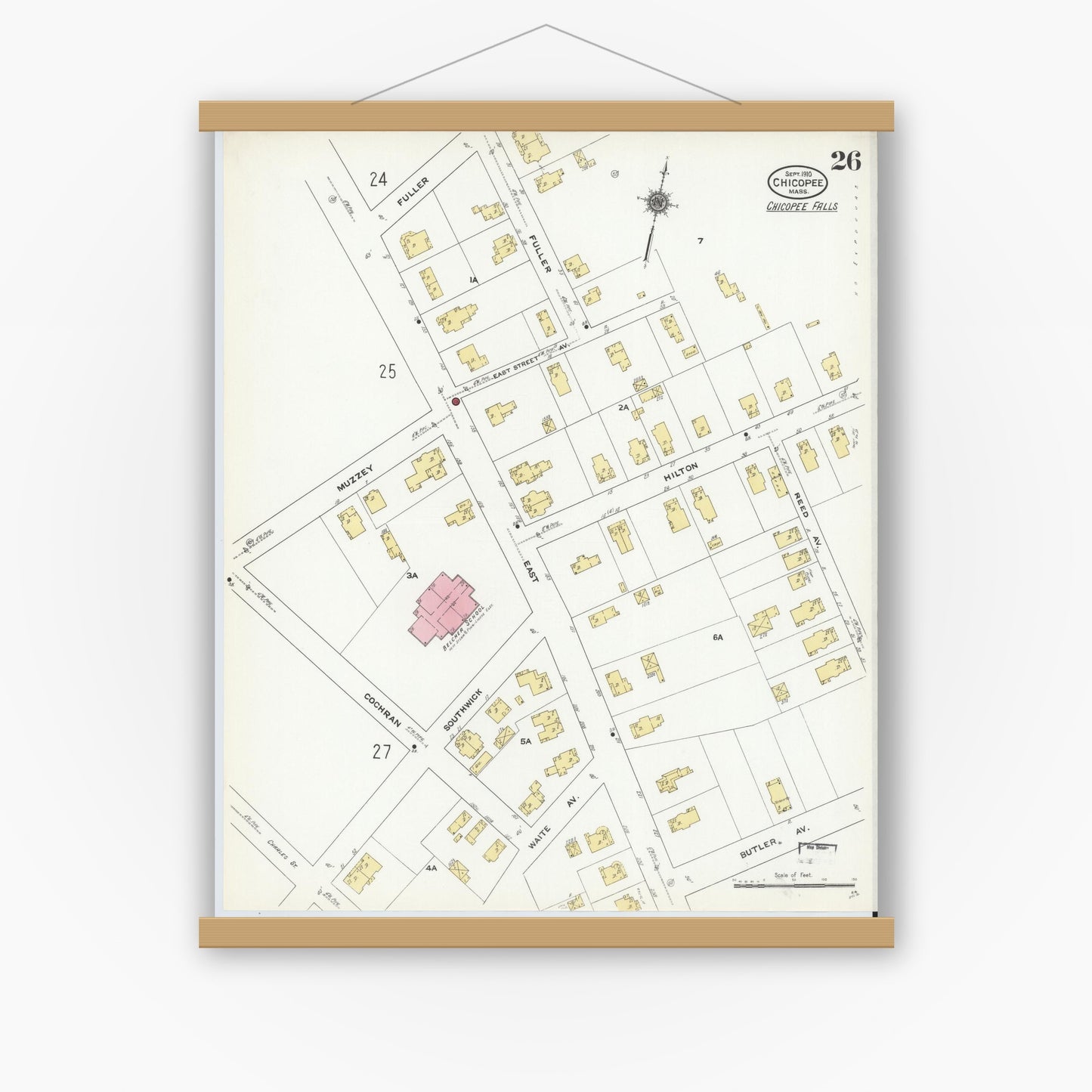 Old map wall art mockup — magnetic wood frame on white wall — Sanborn Fire Insurance Map from Chicopee, Hampden County, Massachusetts (1910), Sheet #0026