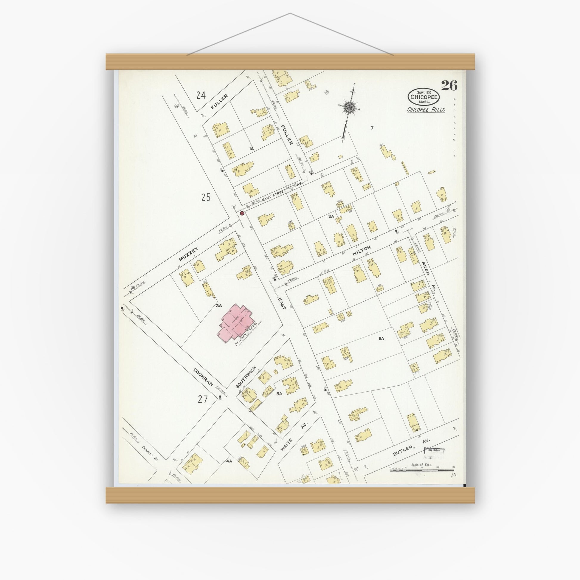 Old map wall art mockup — magnetic wood frame on white wall — Sanborn Fire Insurance Map from Chicopee, Hampden County, Massachusetts (1910), Sheet #0026