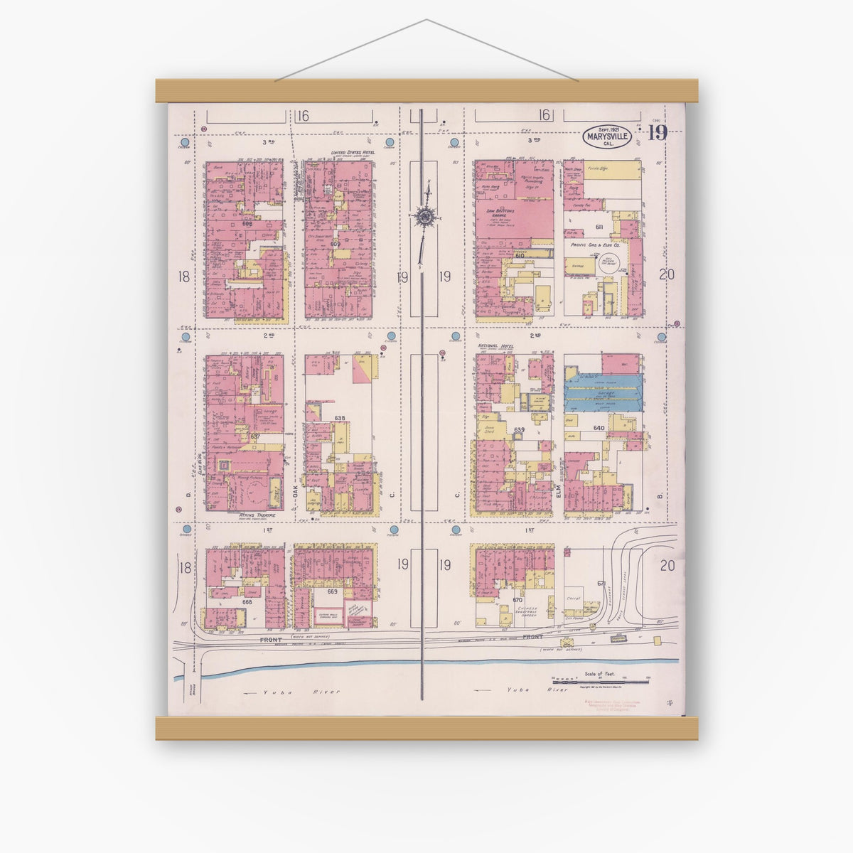Old map wall art mockup — magnetic wood frame on white wall — Sanborn Fire Insurance Map from Marysville, Yuba County, California (1921), Sheet #0019