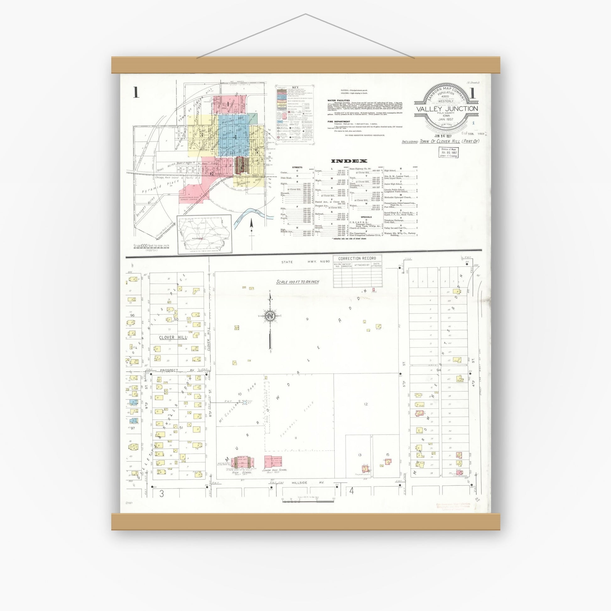 Old map wall art mockup — magnetic wood frame on white wall — Sanborn Fire Insurance Map from Valley Junction, Polk County, Iowa (1937) â€” Complete Set