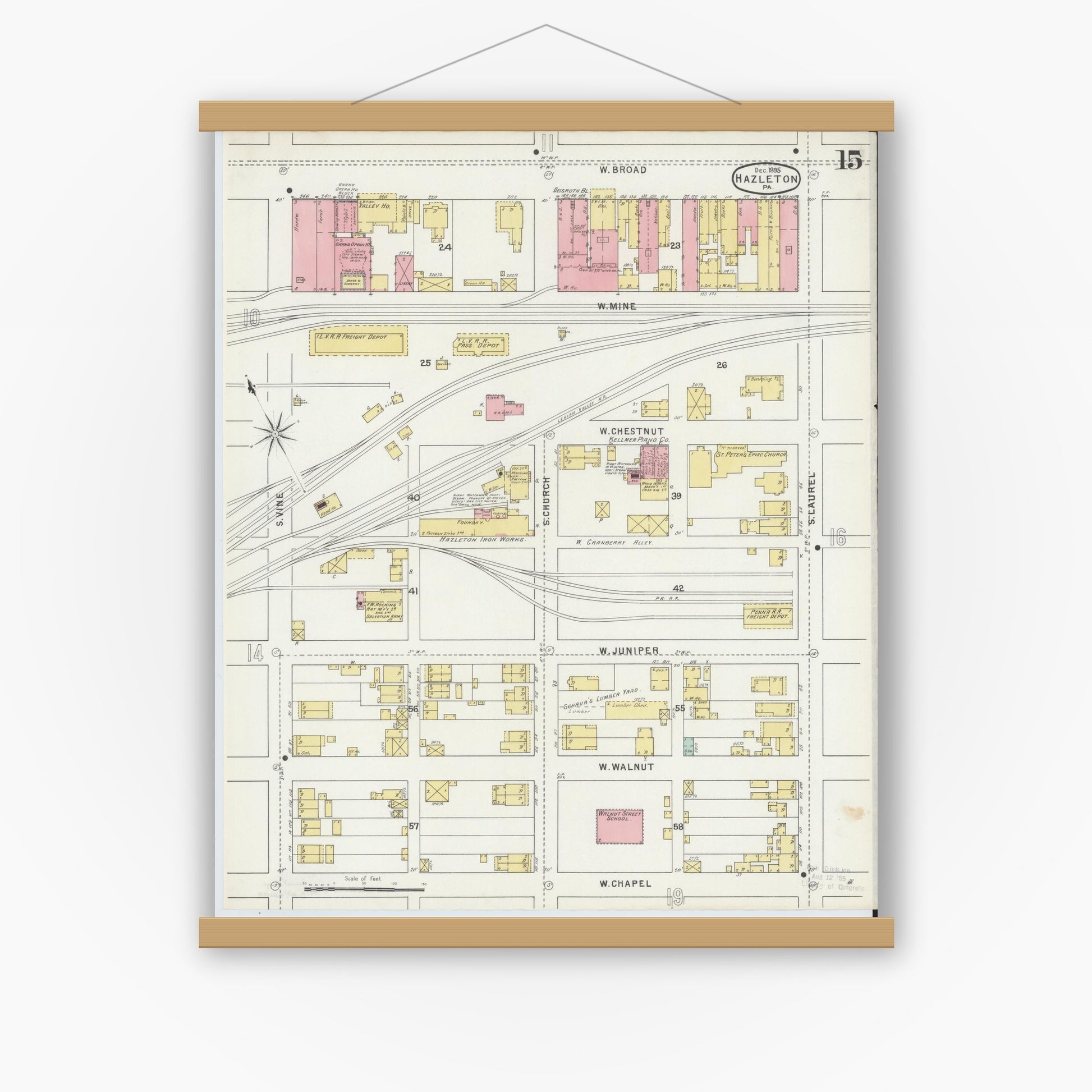 Old map wall art mockup — magnetic wood frame on white wall — Sanborn Fire Insurance Map from Hazleton, Luzerne County, Pennsylvania (1895), Sheet #0015