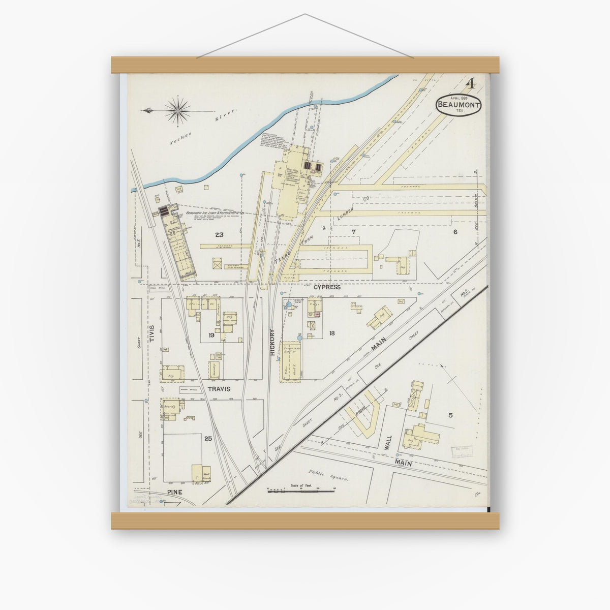 Old map wall art mockup — magnetic wood frame on white wall — Sanborn Fire Insurance Map from Beaumont, Jefferson County, Texas (1889), Sheet #0004