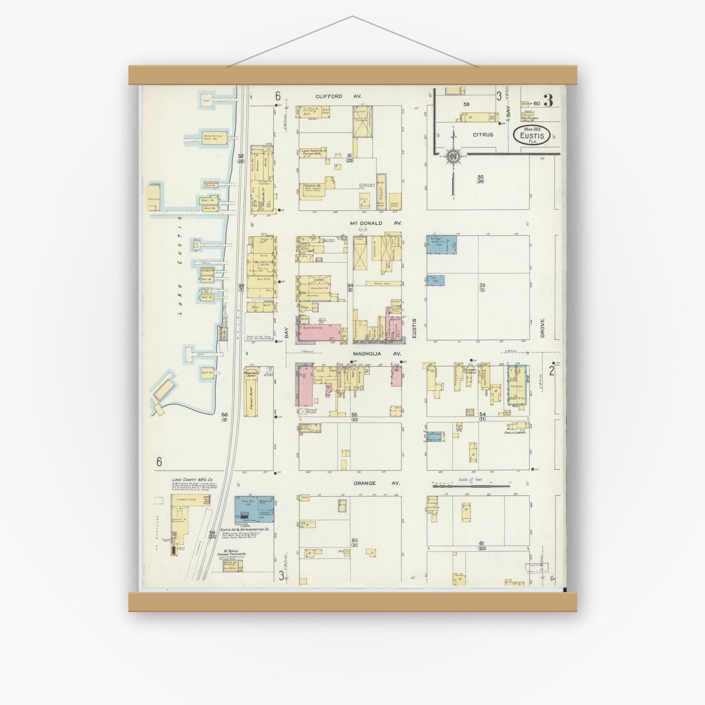 Old map wall art mockup — magnetic wood frame on white wall — Sanborn Fire Insurance Map from Eustis, Lake County, Florida (1912), Sheet #0003