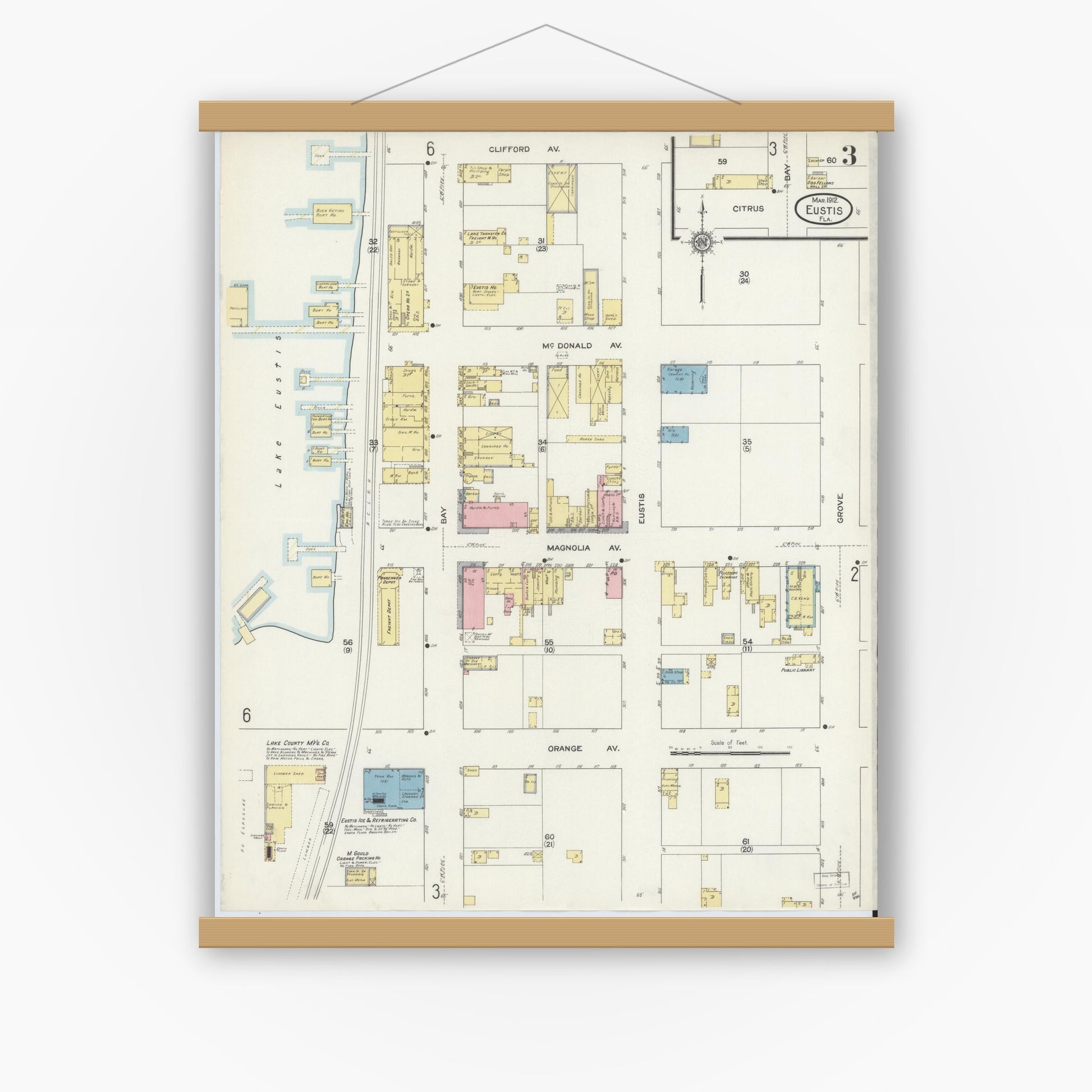 Old map wall art mockup — magnetic wood frame on white wall — Sanborn Fire Insurance Map from Eustis, Lake County, Florida (1912), Sheet #0003