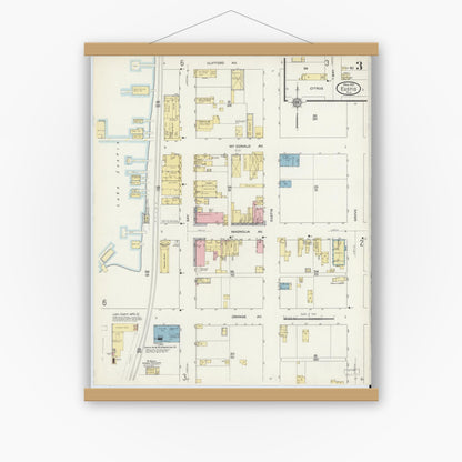 Old map wall art mockup — magnetic wood frame on white wall — Sanborn Fire Insurance Map from Eustis, Lake County, Florida (1912), Sheet #0003