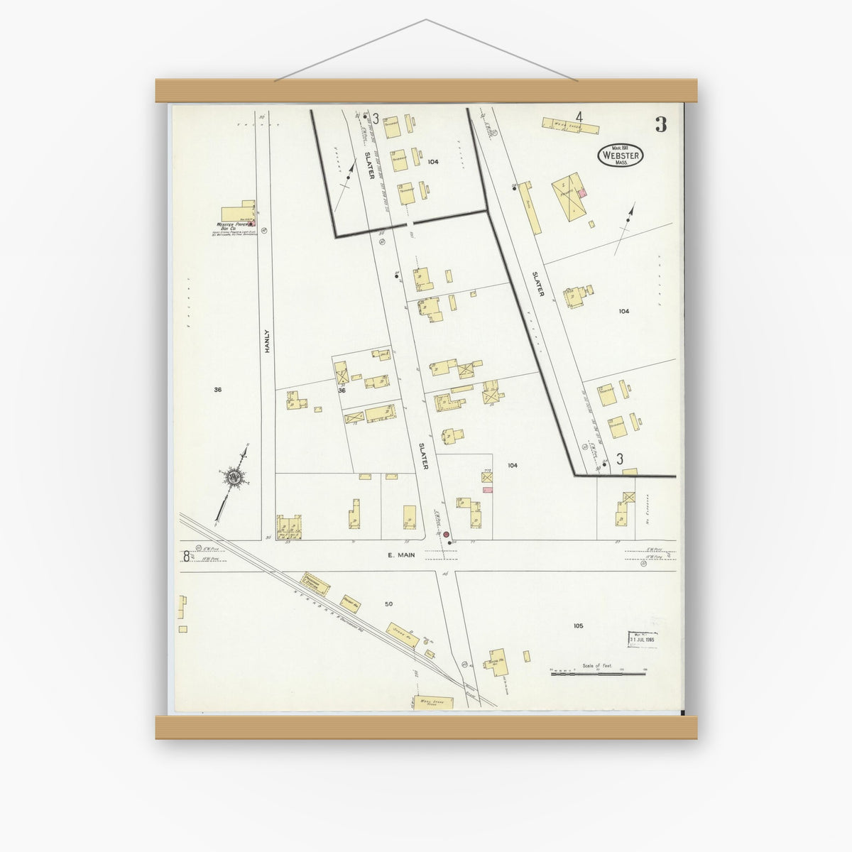 Old map wall art mockup — magnetic wood frame on white wall — Sanborn Fire Insurance Map from Webster, Worcester County, Massachusetts (1911), Sheet #0003