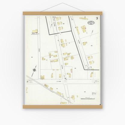Old map wall art mockup — magnetic wood frame on white wall — Sanborn Fire Insurance Map from Webster, Worcester County, Massachusetts (1911), Sheet #0003