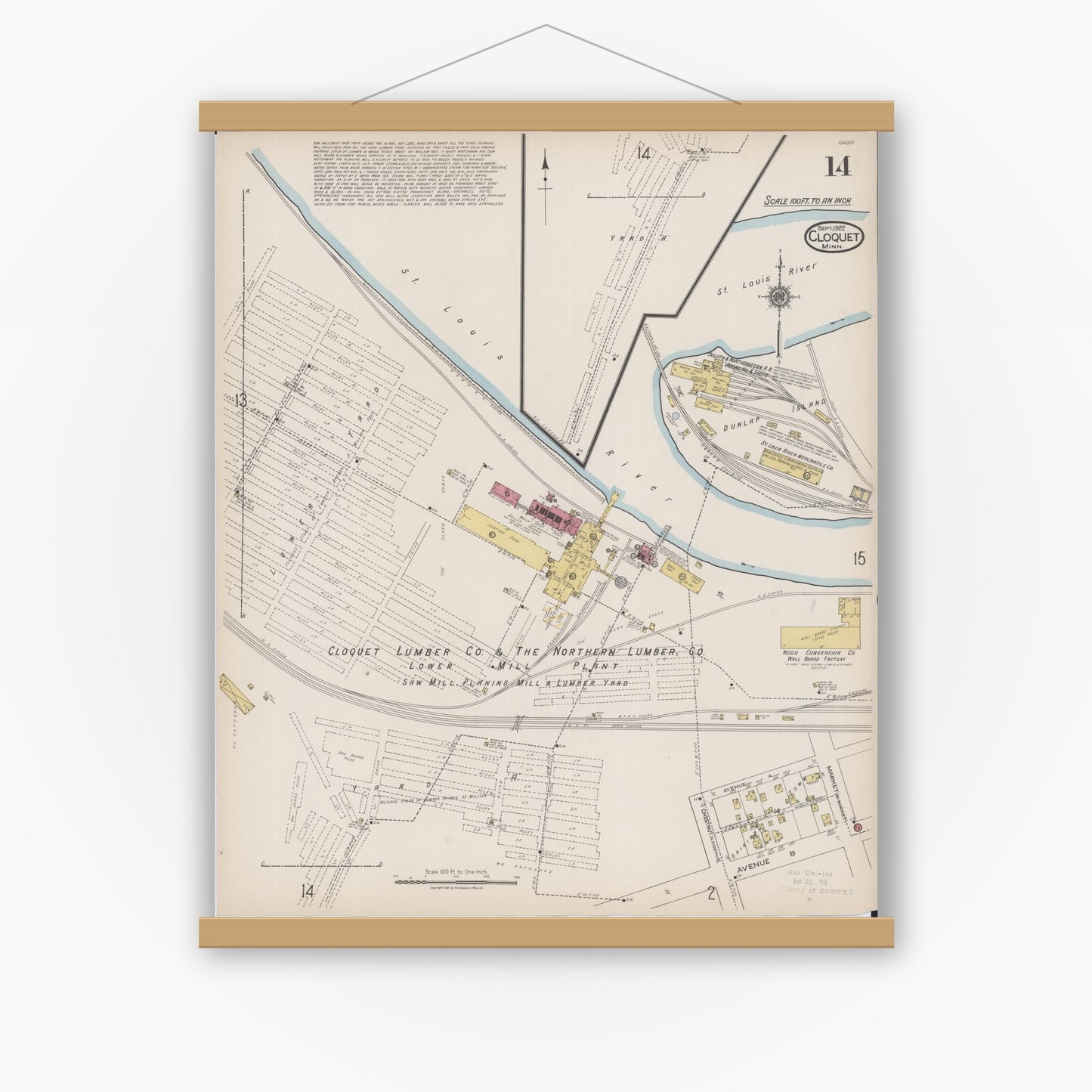 Old map wall art mockup — magnetic wood frame on white wall — Sanborn Fire Insurance Map from Cloquet, Carlton County, Minnesota (1922), Sheet #0014