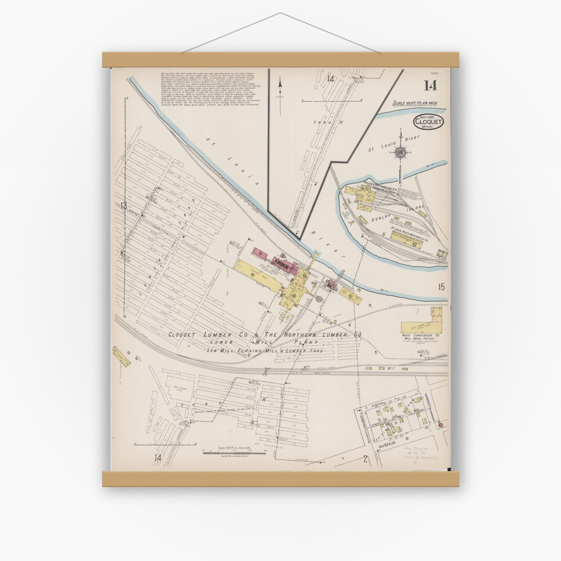 Old map wall art mockup — magnetic wood frame on white wall — Sanborn Fire Insurance Map from Cloquet, Carlton County, Minnesota (1922), Sheet #0014