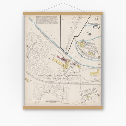 Old map wall art mockup — magnetic wood frame on white wall — Sanborn Fire Insurance Map from Cloquet, Carlton County, Minnesota (1922), Sheet #0014