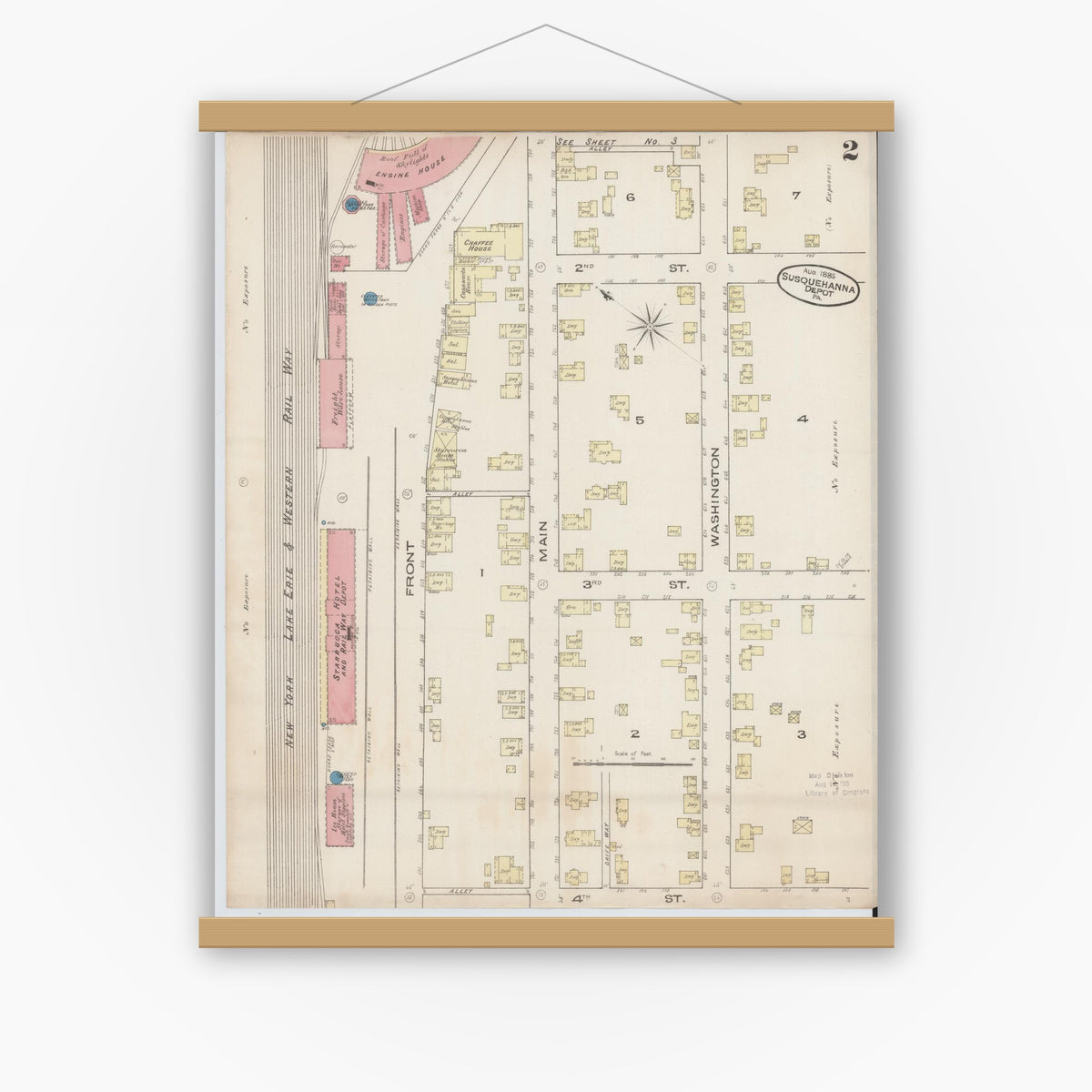 Old map wall art mockup — magnetic wood frame on white wall — Sanborn Fire Insurance Map from Susquehanna, Susquehanna County, Pennsylvania (1885), Sheet #0002