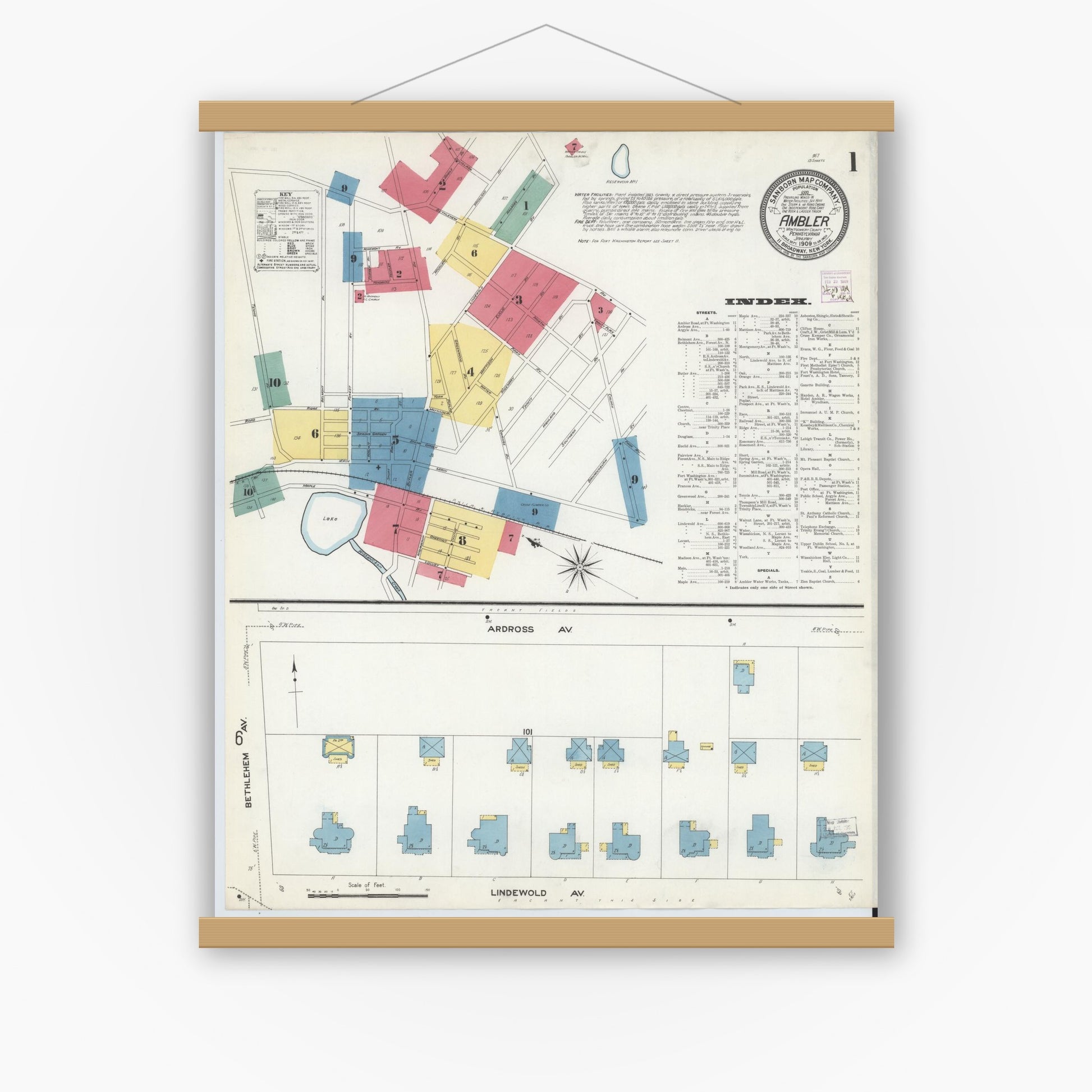 Old map wall art mockup — magnetic wood frame on white wall — Sanborn Fire Insurance Map from Ambler, Montgomery County, Pennsylvania (1909) - Complete Map Set