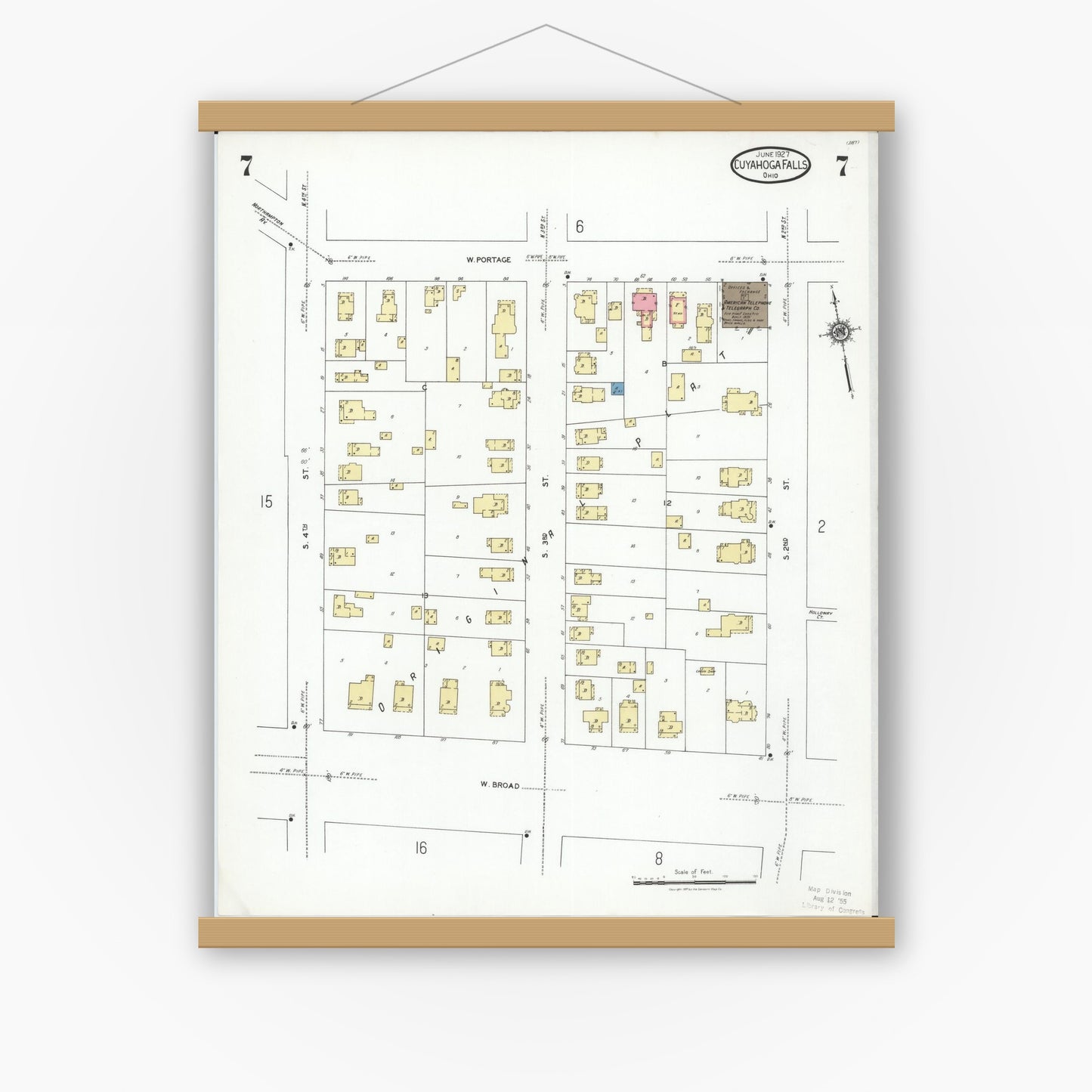 Old map wall art mockup — magnetic wood frame on white wall — Sanborn Fire Insurance Map from Cuyahoga Falls, Summit County, Ohio (1927), Sheet #0007