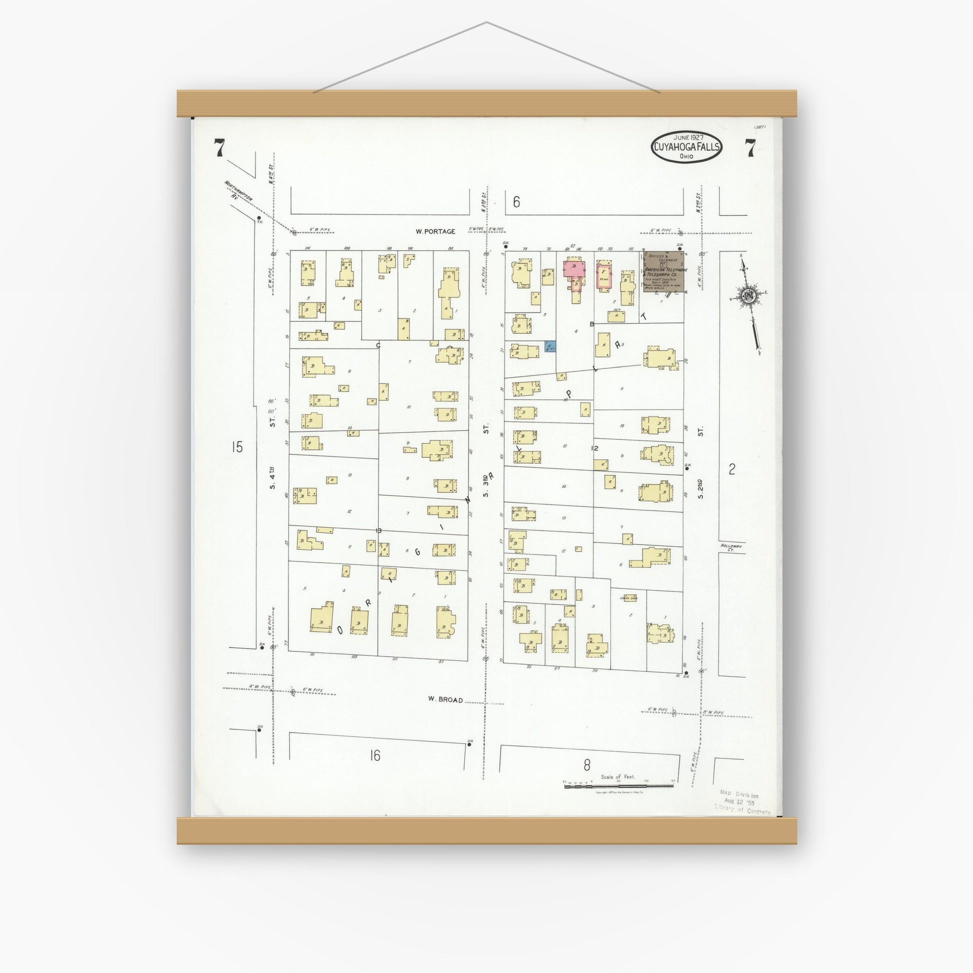 Old map wall art mockup — magnetic wood frame on white wall — Sanborn Fire Insurance Map from Cuyahoga Falls, Summit County, Ohio (1927), Sheet #0007