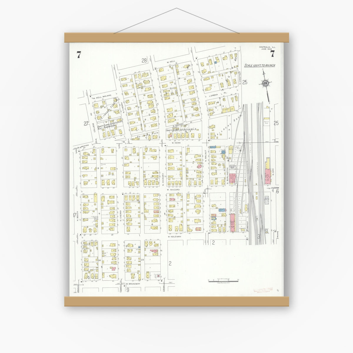 Old map wall art mockup — magnetic wood frame on white wall — Sanborn Fire Insurance Map from Centralia, Marion, Clinton, Jefferson, and Washington Counties, Illinois (1938), Sheet #0007