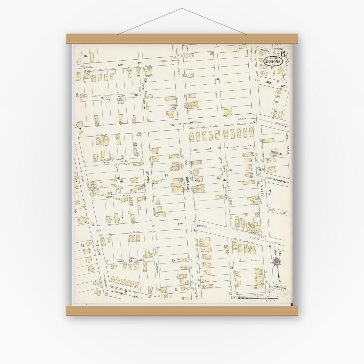 Old map wall art mockup — magnetic wood frame on white wall — Sanborn Fire Insurance Map from Donora, Washington County, Pennsylvania (1914), Sheet #0006
