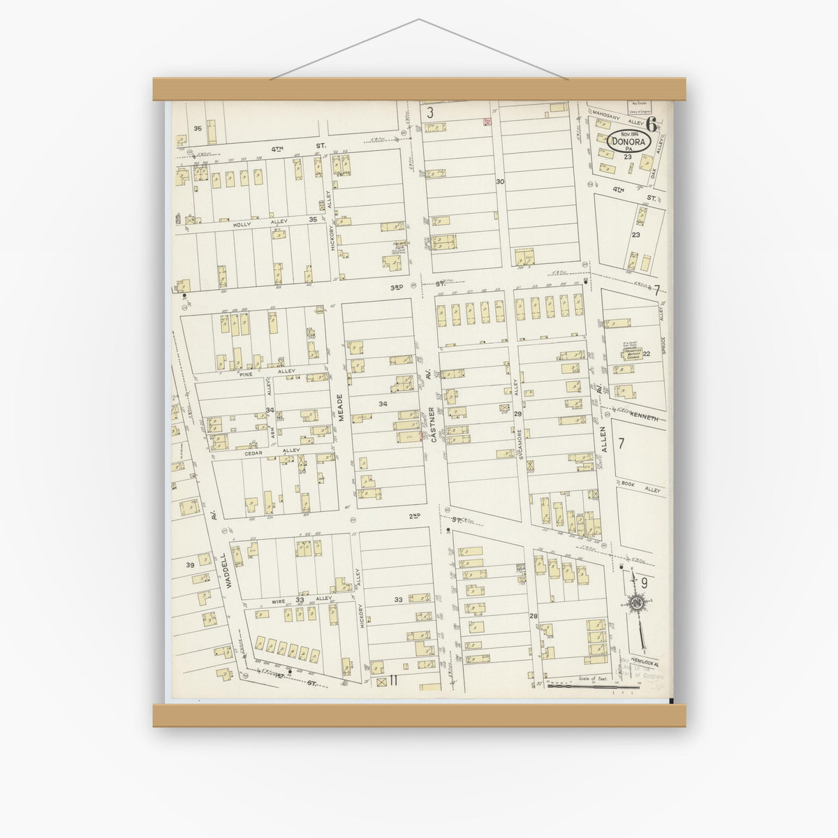 Old map wall art mockup — magnetic wood frame on white wall — Sanborn Fire Insurance Map from Donora, Washington County, Pennsylvania (1914), Sheet #0006