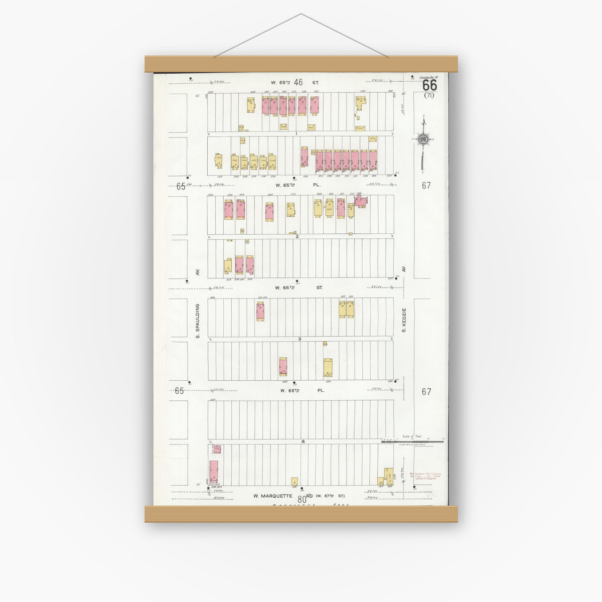 Old map wall art mockup — magnetic wood frame on white wall — Sanborn Fire Insurance Map from Chicago, Cook County, Illinois (1920), Sheet #0066