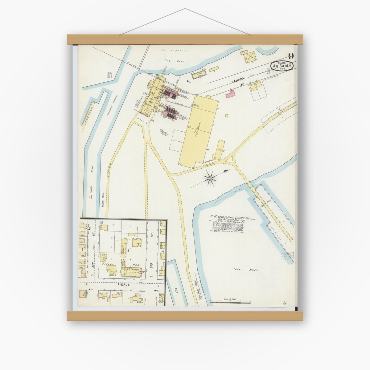 Old map wall art mockup — magnetic wood frame on white wall — Sanborn Fire Insurance Map from Oscoda, Iosco County, Michigan (1895), Sheet #0009