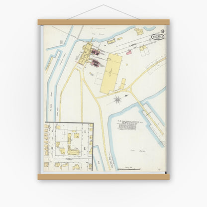 Old map wall art mockup — magnetic wood frame on white wall — Sanborn Fire Insurance Map from Oscoda, Iosco County, Michigan (1895), Sheet #0009