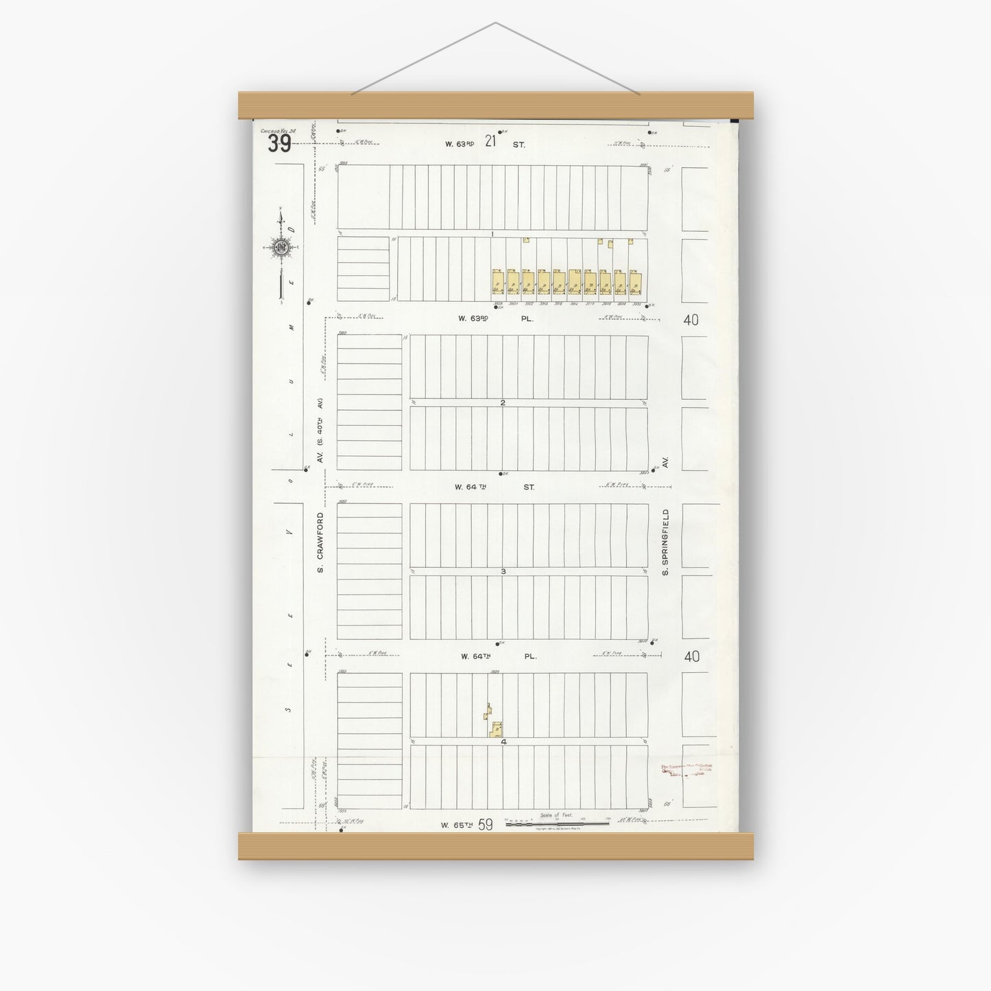 Old map wall art mockup — magnetic wood frame on white wall — Sanborn Fire Insurance Map from Chicago, Cook County, Illinois (1920), Sheet #0039
