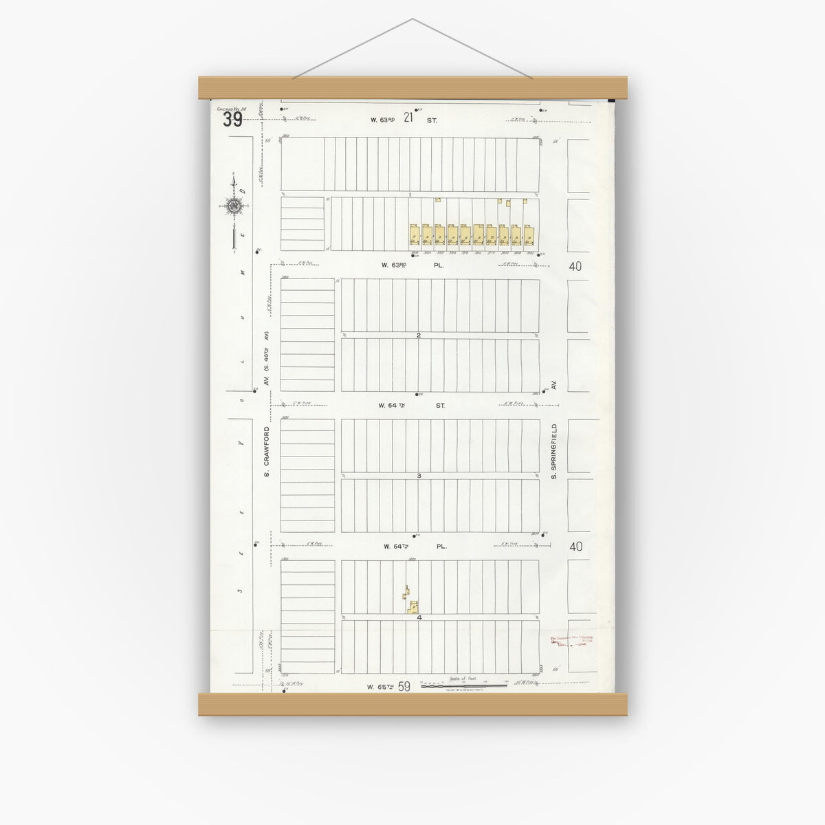 Old map wall art mockup — magnetic wood frame on white wall — Sanborn Fire Insurance Map from Chicago, Cook County, Illinois (1920), Sheet #0039