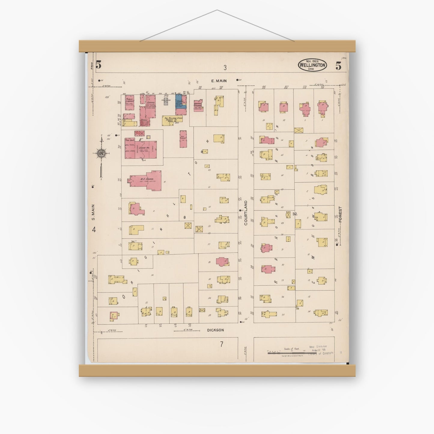 Old map wall art mockup — magnetic wood frame on white wall — Sanborn Fire Insurance Map from Wellington, Lorain County, Ohio (1922), Sheet #0005