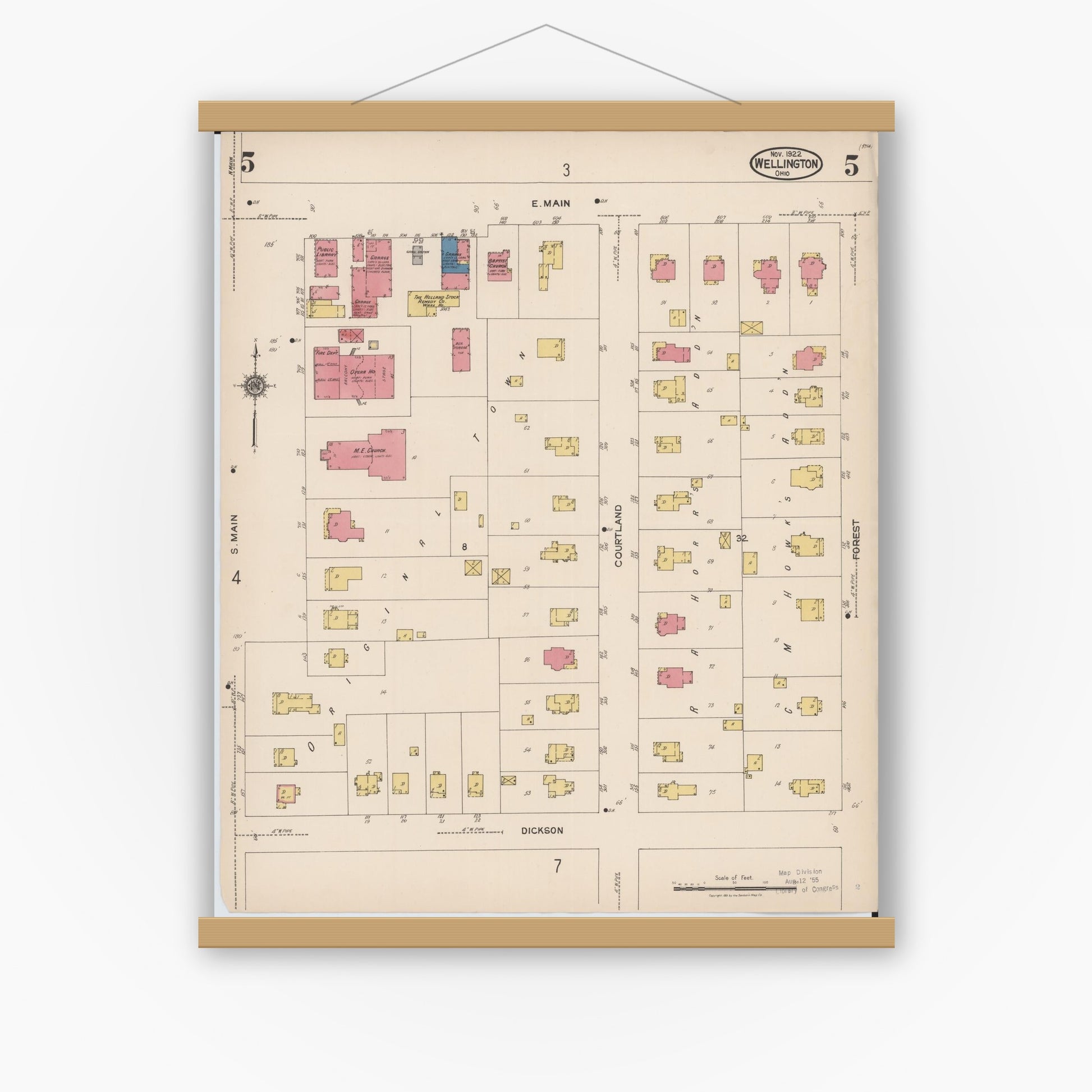 Old map wall art mockup — magnetic wood frame on white wall — Sanborn Fire Insurance Map from Wellington, Lorain County, Ohio (1922), Sheet #0005
