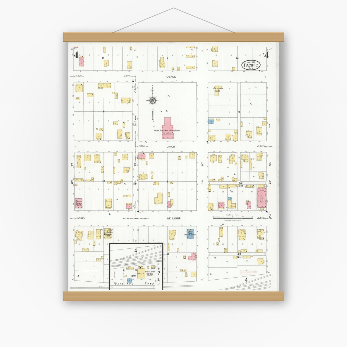 Old map wall art mockup — magnetic wood frame on white wall — Sanborn Fire Insurance Map from Pacific, Franklin County, Missouri (1929), Sheet #0004