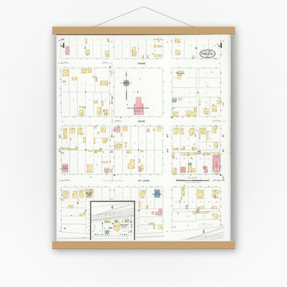 Old map wall art mockup — magnetic wood frame on white wall — Sanborn Fire Insurance Map from Pacific, Franklin County, Missouri (1929), Sheet #0004