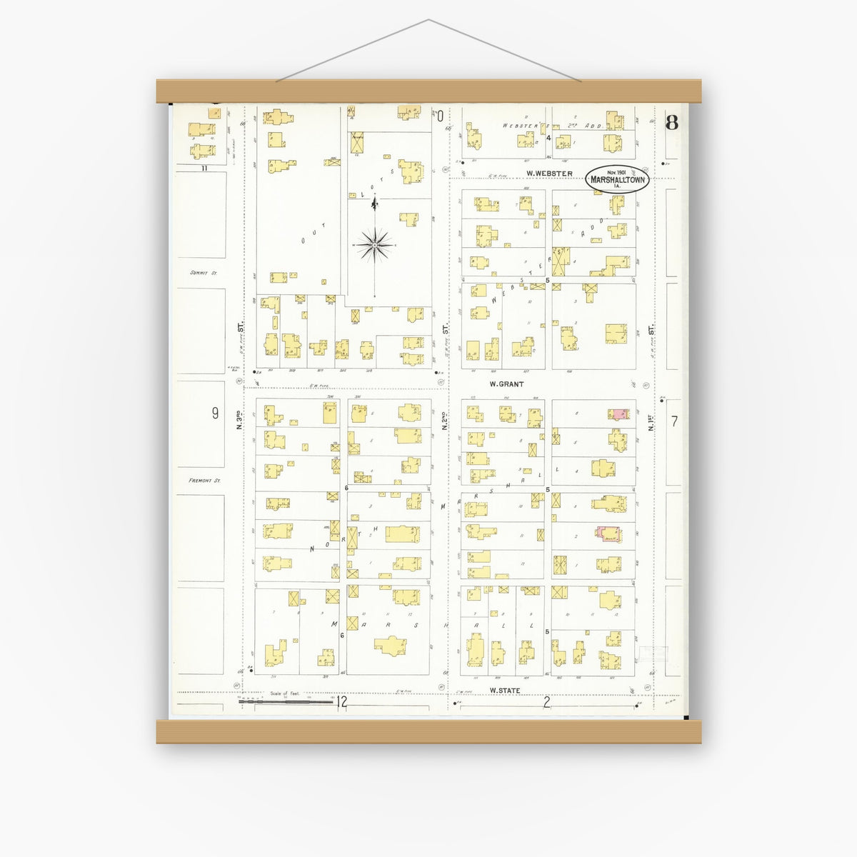 Old map wall art mockup — magnetic wood frame on white wall — Sanborn Fire Insurance Map from Marshalltown, Marshall County, Iowa (1901), Sheet #0008