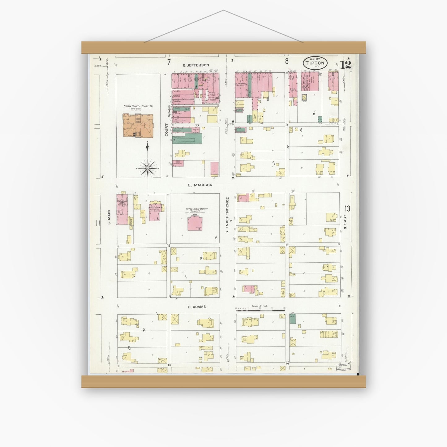 Old map wall art mockup — magnetic wood frame on white wall — Sanborn Fire Insurance Map from Tipton, Tipton County, Indiana (1909), Sheet #0012