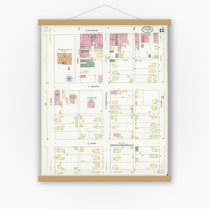 Old map wall art mockup — magnetic wood frame on white wall — Sanborn Fire Insurance Map from Tipton, Tipton County, Indiana (1909), Sheet #0012