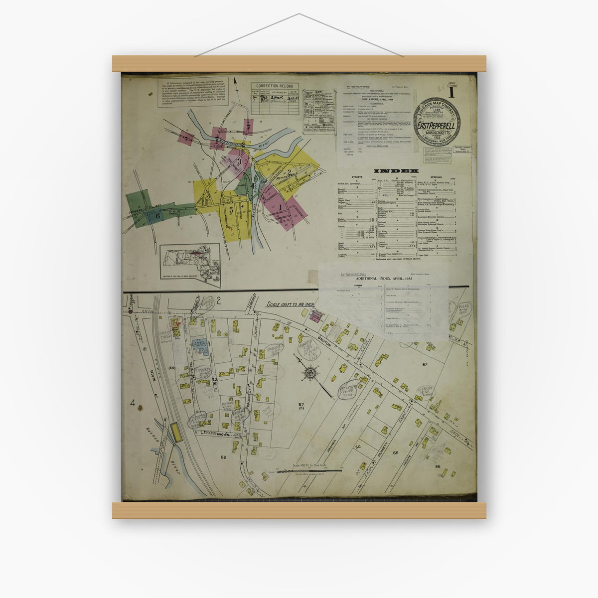 Old map wall art mockup — magnetic wood frame on white wall — Sanborn Fire Insurance Map from East Pepperell, Middlesex County, Massachusetts (1953), Sheet #0001
