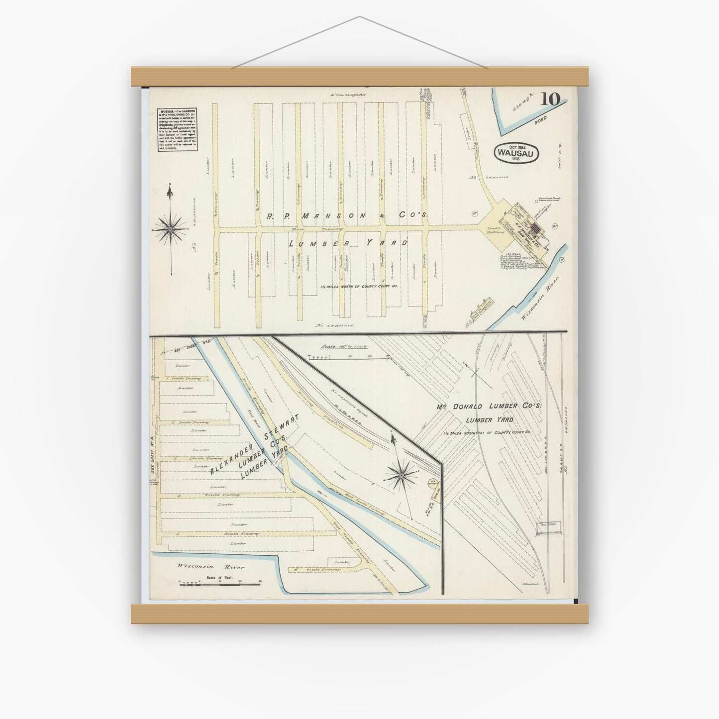 Old map wall art mockup — magnetic wood frame on white wall — Sanborn Fire Insurance Map from Wausau, Marathon County, Wisconsin (1884), Sheet #0010
