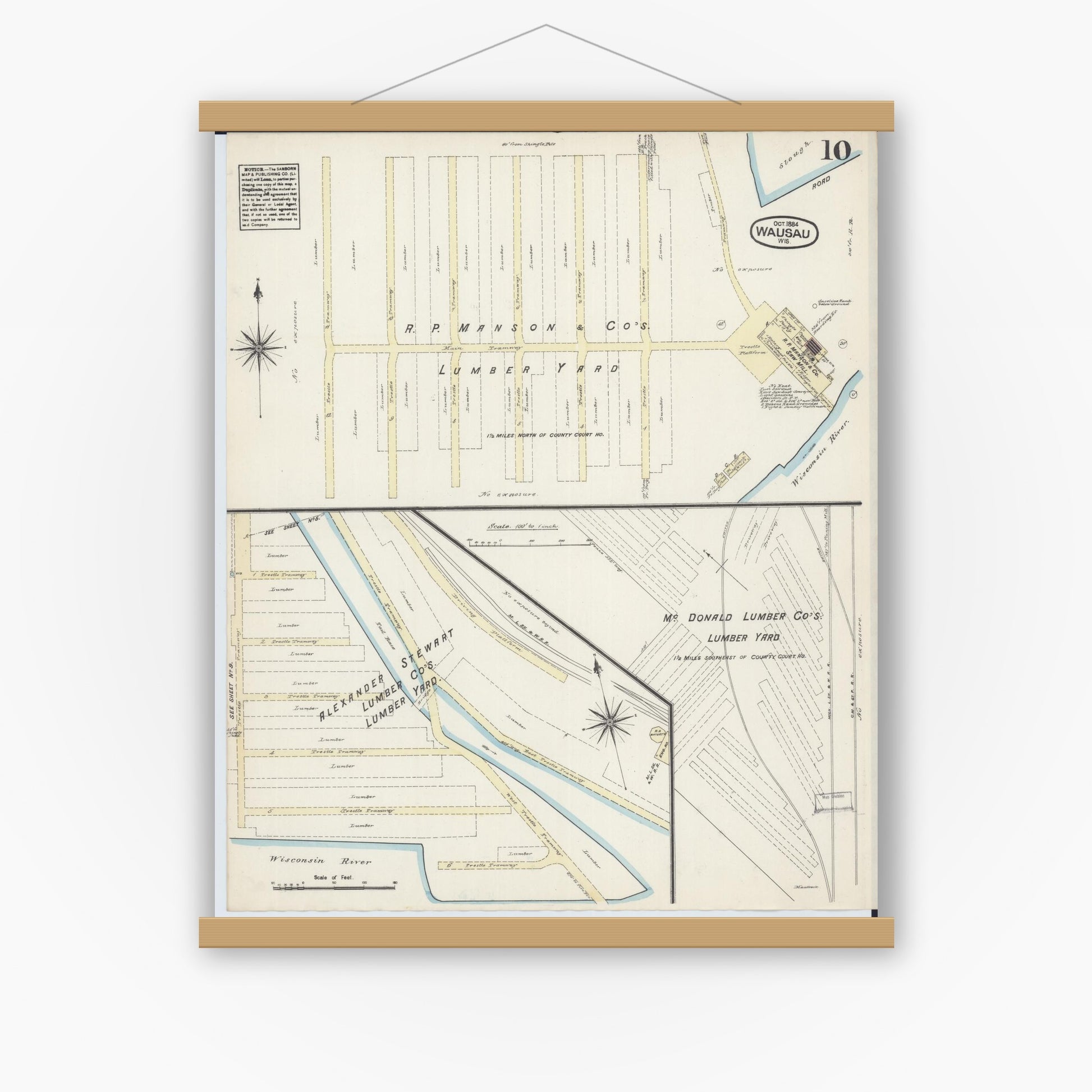 Old map wall art mockup — magnetic wood frame on white wall — Sanborn Fire Insurance Map from Wausau, Marathon County, Wisconsin (1884), Sheet #0010