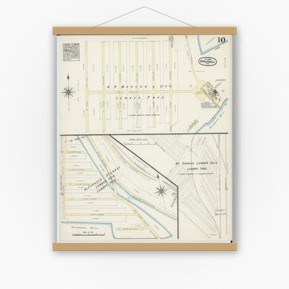 Old map wall art mockup — magnetic wood frame on white wall — Sanborn Fire Insurance Map from Wausau, Marathon County, Wisconsin (1884), Sheet #0010