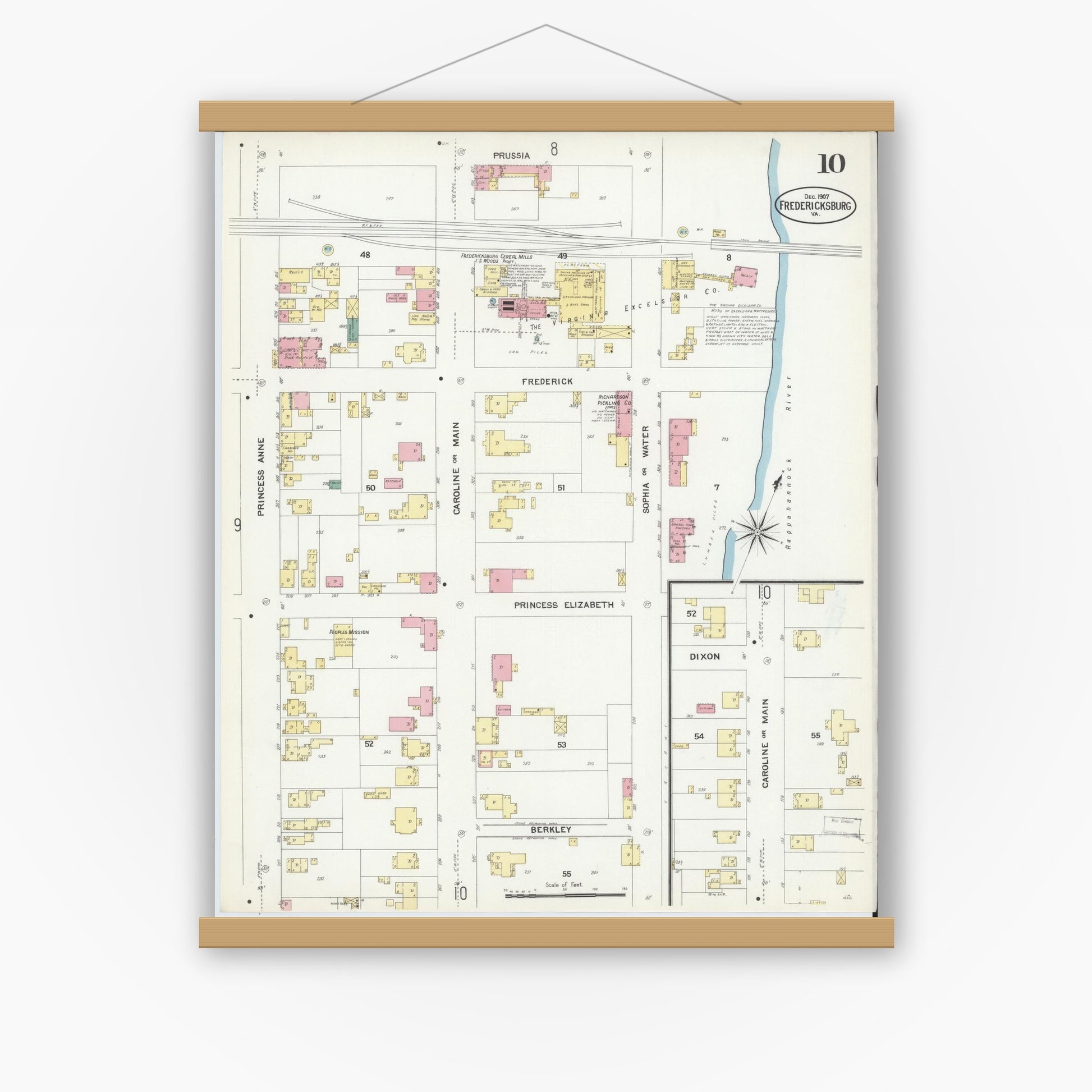 Old map wall art mockup — magnetic wood frame on white wall — Sanborn Fire Insurance Map from Fredericksburg, Independent Cities, Virginia (1907), Sheet #0010